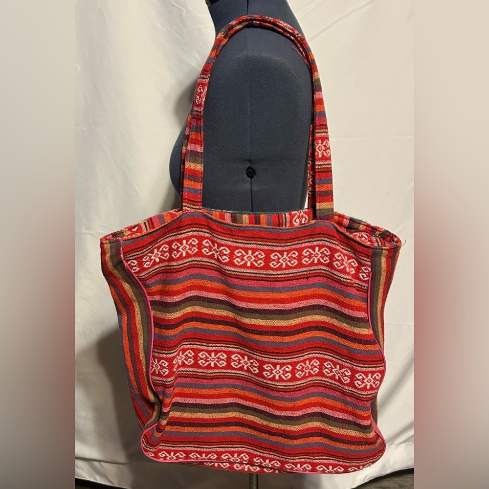 Red and Orange Geometric Tote Bag with Woven Fabric - Picture 2 of 2